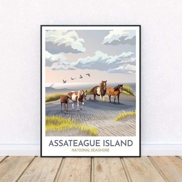 Assateague Island National Seashore Print | Wild Horses and Seagulls on Beach | Chincoteague Ponies | Maryland and Virginia Travel Poster