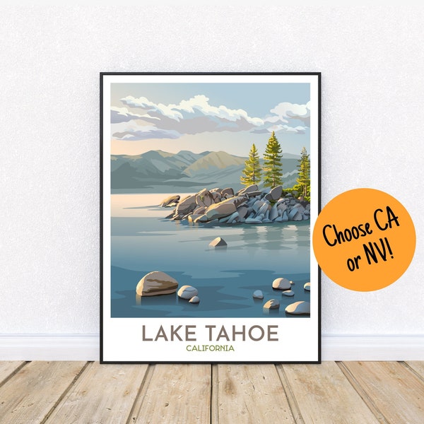 Lake Tahoe Poster | California or Nevada | Lake Tahoe Beach | Sand Harbor Print | Shore with Pine Trees | California Nevada Travel Poster