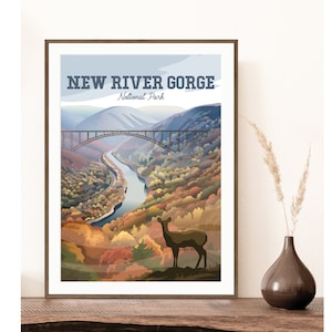 New River Gorge National Park Poster | New River Gorge WV | Fall with Deer and Bridge | Grandview River Bend Sunset | Vintage Travel Print