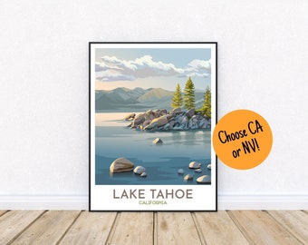 Lake Tahoe Poster | California or Nevada | Lake Tahoe Beach | Sand Harbor Print | Shore with Pine Trees | California Nevada Travel Poster