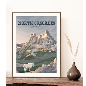 Parque nacional norte das cascatas pôster | Impressão norte das cascatas de <br> Entrega Rápida? Passe Washington | Cabra da Montanha | Poster de viagens do estado de Washington estilo vintage