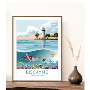 Biscayne National Park Print | Boca Chita Lighthouse | Sea Turtle and Fish | Coral Reef | Florida Travel Poster | Modern Graphic Style