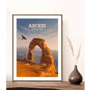 Arches National Park Poster | Delicate Arch Sunrise with Hawk | Arches Utah Art | Moab Travel Poster | Classic Vintage National Park Print
