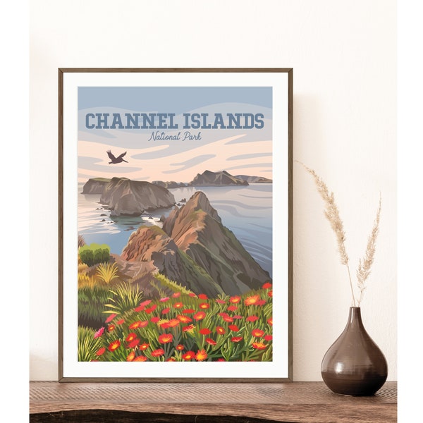 Channel Islands National Park Print | Pelican over Channel Islands | Red-Flowered Iceplant | California Travel Print | Classic Vintage Style