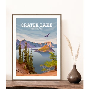 Crater Lake National Park Poster | Crater Lake at Sunset Print | Crater Lake Oregon Art | Classic Vintage Style | Oregon Travel Print