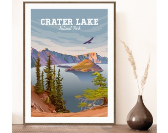 Crater Lake National Park Poster | Crater Lake at Sunset Print | Crater Lake Oregon Art | Classic Vintage Style | Oregon Travel Print