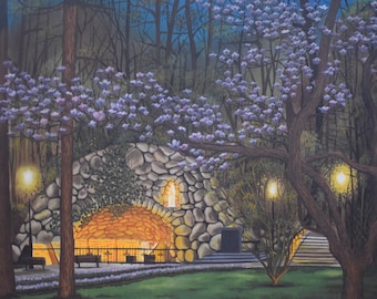 May include: A stone grotto with a lit interior, surrounded by trees with purple blossoms. The grotto is illuminated by warm light, creating a peaceful and serene atmosphere.