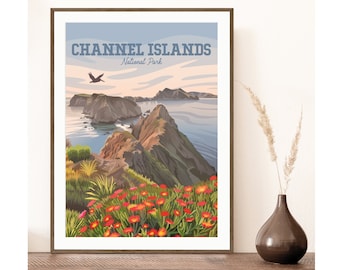 Impresión del Parque Nacional de las Islas del Canal / Pelícano sobre las Islas del Canal / Planta de hielo de flores rojas / Impresión de viaje de California / Estilo clásico vintage