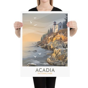 Acadia National Park Poster | Bass Harbor Head Light Print | Acadia Art Print | Bass Harbor Lighthouse | Sunrise with Seagulls | Shoreline