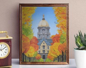 Notre Dame Painting Print, Golden Dome in Fall, University, College, Fighting Irish Campus Painting, Wall Art, Graduation Gift, Home Decor