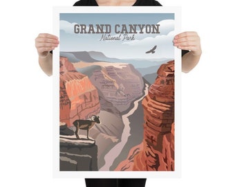 May include: A vintage-style poster with a colorful illustration of the Grand Canyon National Park. The poster features a bighorn sheep standing on a cliff overlooking the canyon, with a river winding through the bottom. The text "Grand Canyon National Park" is printed in brown at the top of the poster.