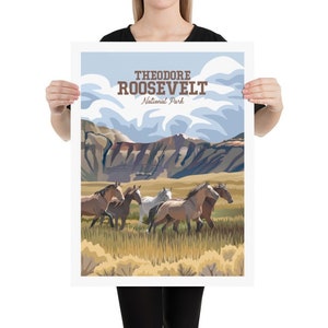 Theodore Roosevelt National Park Poster | Wild Horses and Mountains | Painted Canyon | North Dakota Travel Art | Classic Vintage Style