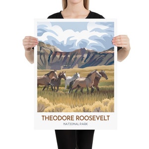 Theodore Roosevelt National Park Print | Painted Canyon and Wild Horse Herd | Horses Running | North Dakota Poster | Modern Graphic Style
