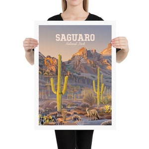 Saguaro National Park Print | Saguaro Cactus with Coyote | Arizona Classic Travel Print with Cacti and Mountains | Vintage Travel Poster