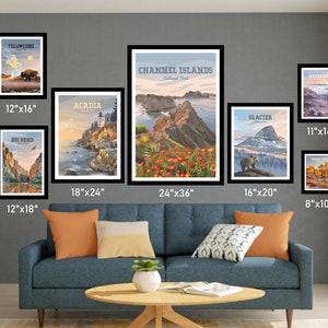 May include: A wall gallery featuring nine framed prints of national parks. The prints are in various sizes, ranging from 8x10 inches to 24x36 inches. The prints feature scenic landscapes, wildlife, and park names.