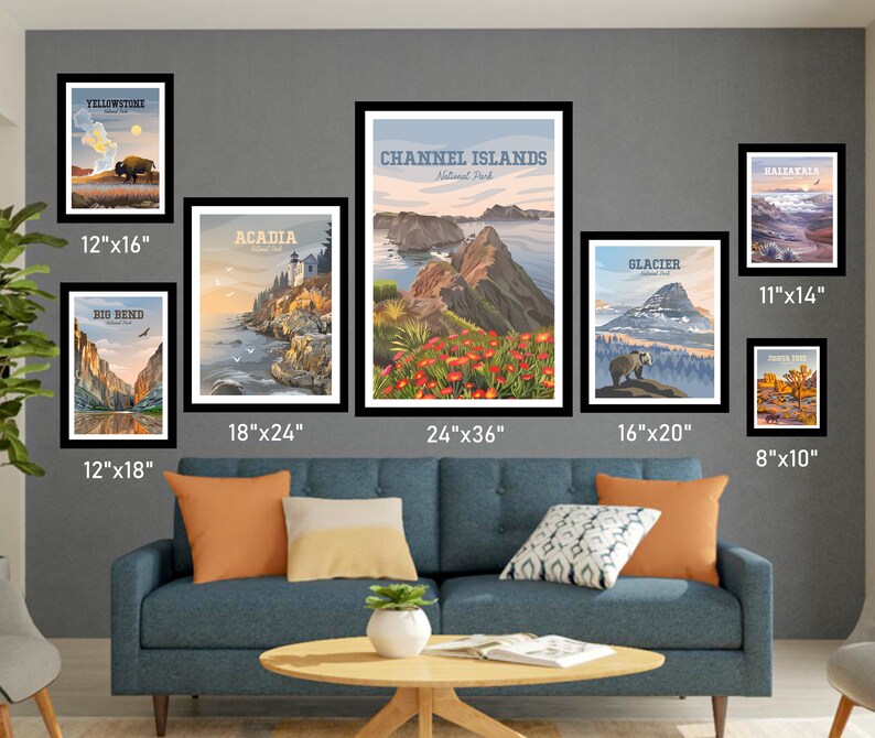 May include: A wall gallery featuring nine framed prints of national parks. The prints are in various sizes, ranging from 8x10 inches to 24x36 inches. The prints feature scenic landscapes, wildlife, and park names.