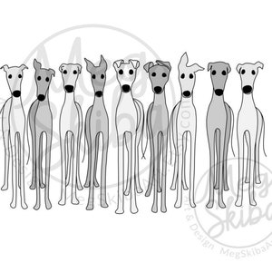 Black and White Greyhound Art | Cute Greyhounds Digital Download | Nine Greyhounds Instant Download | Whippets | Sighthound Drawing | Galgo