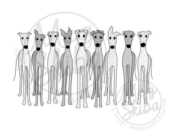 Black and White Greyhound Art | Cute Greyhounds Digital Download | Nine Greyhounds Instant Download | Whippets | Sighthound Drawing | Galgo