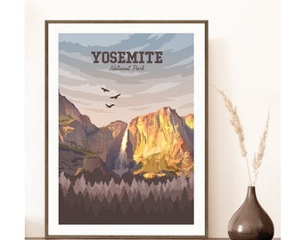 Wydruk artystyczny Yosemite | Plakat California National Park | Wydruk Yosemite Falls | Plakat podróżniczy w stylu Vintage WPA | Plakat Earth Tone Yosemite