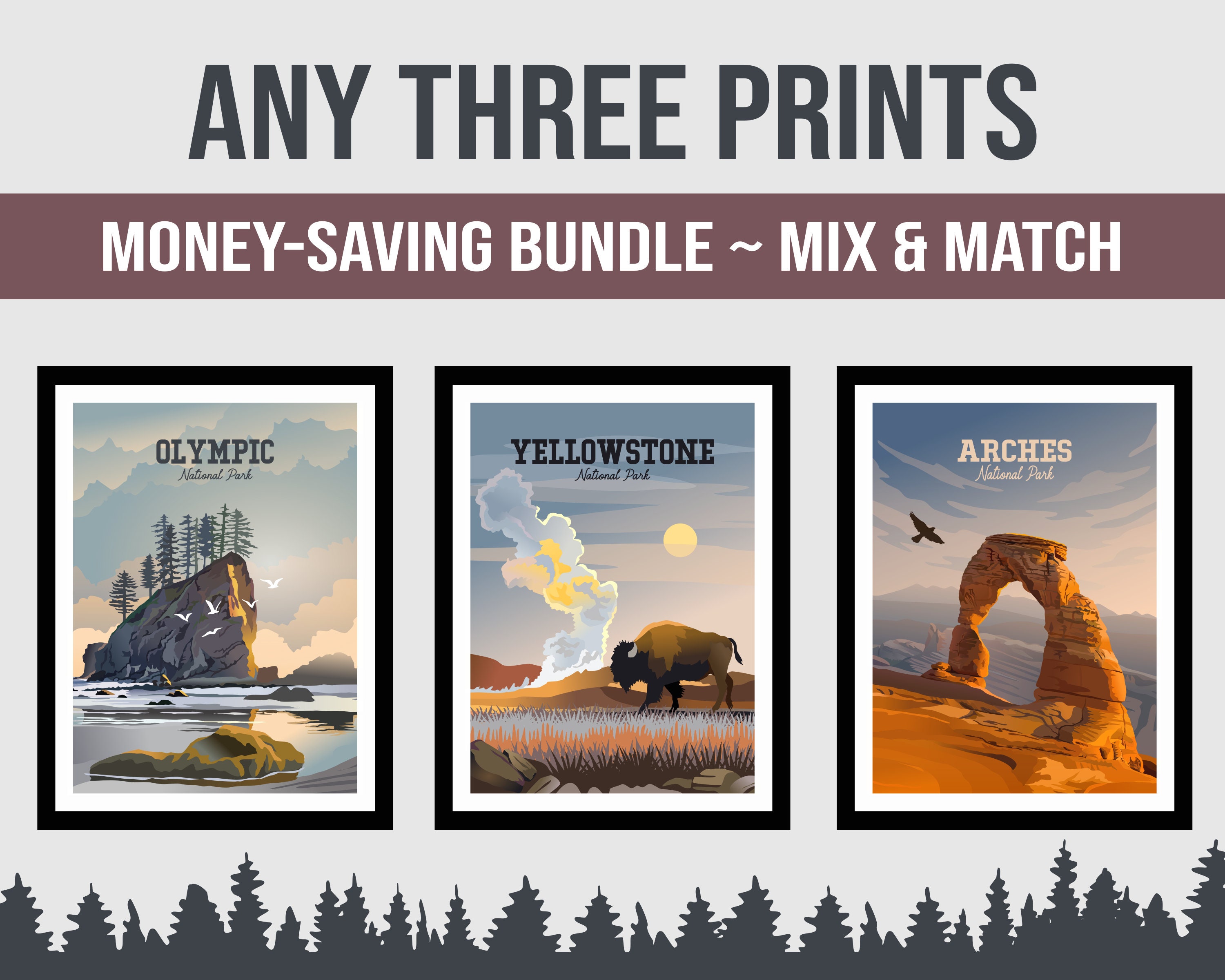 Set of Three National Park Posters | Choose Any 3 Artist Created National Park Prints | Classic Style Posters | Hand Drawn | Mix & Match