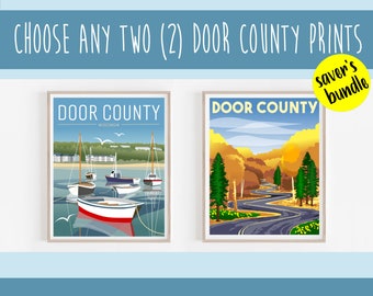 Door County Poster - 2er Set, zwei Door County Poster Drucke, Boote in einem Hafen, Fisch kochen, Kurvenreiche Straße, Ephraim Sonnenuntergang, & mehr