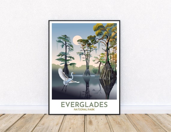 Everglades National Park Print | Everglades Poster | Great Egret | Pond Cypress Trees with Moss | Florida Travel Art | Modern Graphic Style