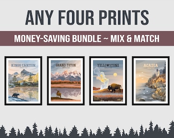 Set of Four National Park Prints | Any 4 National Park Posters | Classic Vintage Style | Physical Print Bundle | Hand Drawn | Mix and Match