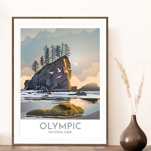 May include: A framed poster with a colorful illustration of a rocky island with trees and seagulls flying overhead. The text "OLYMPIC NATIONAL PARK" is at the bottom of the poster.
