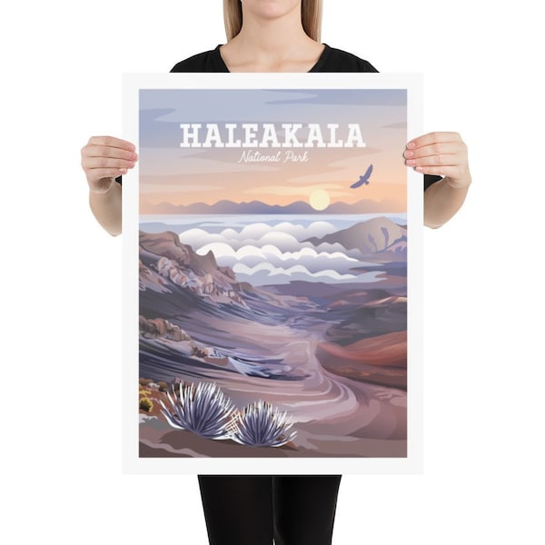 Affiche du parc national de Haleakala | Sommet du volcan | Épées d'argent | Haleakala lever du soleil | Impression de voyage Maui Hawaii | Style vintage classique