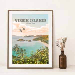 Virgin Islands National Park Print | Trunk Bay Beach Poster | Shore with Palm Trees and Gulls | U.S. Virgin Islands Art| Classic Style