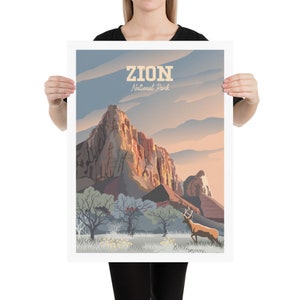 Zion Nationalpark Kunstdruck mit Maultierhirsch | Zion Utah Poster | Der Wächter Zion | Reise-Galeriewand | Vintage Nationalpark Poster