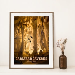 Carlsbad Caverns National Park Poster | Carlsbad Print | Mexican Free-Tailed Bats | Big Room | New Mexico Travel Print | Stalactites Columns