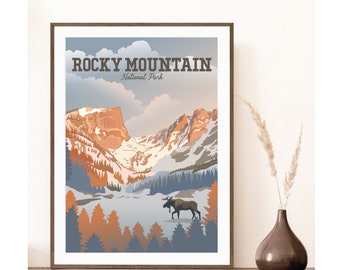 Rocky Mountain Hallett Peak Druck | Rocky Mountain Traumsee Kunstdruck | Nationalpark Reise Poster | Elch im Schnee | Vintage Stil Poster