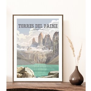 Impresión de Torres del Paine / Patagonia Chile / Torres de Torres el Paine y lago Azul Verde / Póster de viaje a Chile / Póster de caminata W Trek O Trek