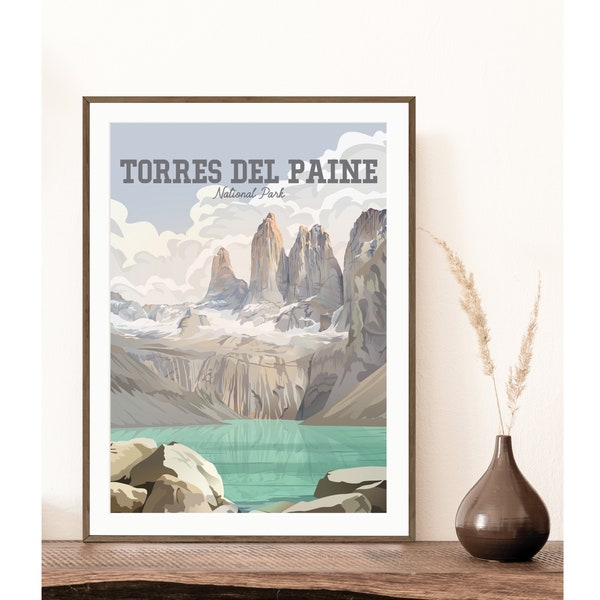 Torres del Paine Print | Patagonia Chile | Torres el Paine Towers and Blue Green Lake | Chile Travel Poster | W Trek O Trek Hike Poster