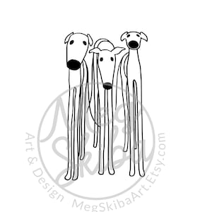 DIGITAL IMAGE - Three Greyhounds, Printable Greyhound or Whippet, Cute Black and White Greyhound Art, Instant Download, Sighthound Rescue