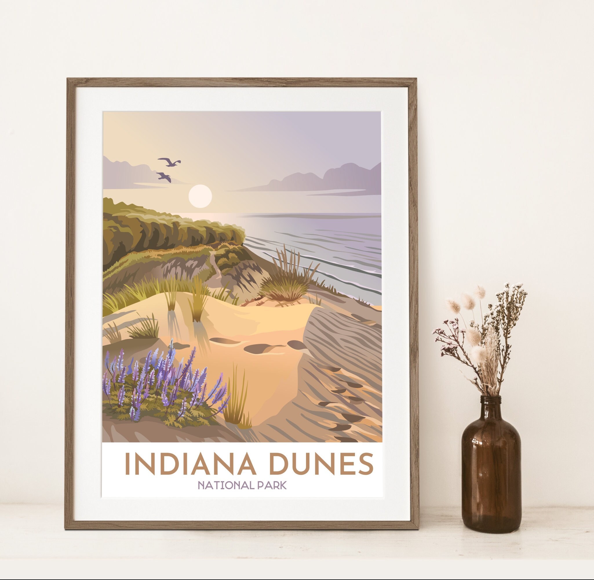 Indiana Dunes National Park Poster | Indiana Dunes Sunset with Seagulls Art Print | Lake Michigan Beach | Indiana Travel | Modern Style