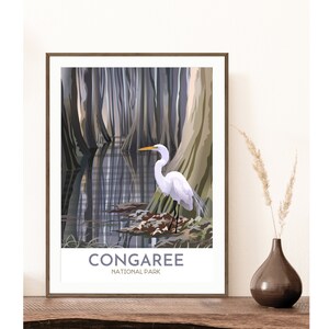 Congaree National Park Poster | Swamp Tupelo Trees and Great White Heron | Congaree Print | South Carolina Travel Art | Modern Style