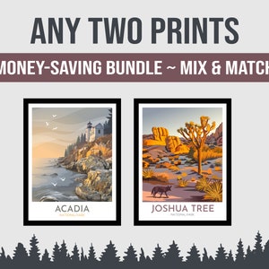 Set of Two National Park Prints | Choose Any 2 National Park Posters | Hand Drawn Original Designs | Money Saving Bundle | Mix and Match
