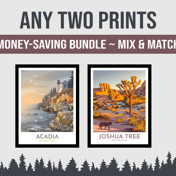 Set of Two National Park Prints | Choose Any 2 National Park Posters | Hand Drawn Original Designs | Money Saving Bundle | Mix and Match