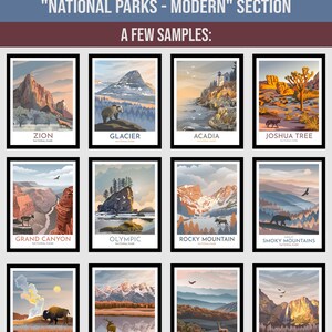 May include: A collage of 12 colorful illustrations of national parks in the United States. Each illustration features a unique landscape and iconic features of the park, such as mountains, trees, and wildlife. The parks featured are Zion, Glacier, Acadia, Joshua Tree, Grand Canyon, Olympic, Rocky Mountain, Smoky Mountains, Yellowstone, Grand Teton, Shenandoah, and Yosemite.