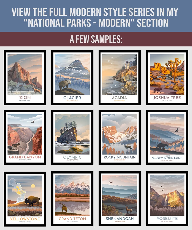 May include: A collage of 12 colorful illustrations of national parks in the United States. Each illustration features a unique landscape and iconic features of the park, such as mountains, trees, and wildlife. The parks featured are Zion, Glacier, Acadia, Joshua Tree, Grand Canyon, Olympic, Rocky Mountain, Smoky Mountains, Yellowstone, Grand Teton, Shenandoah, and Yosemite.