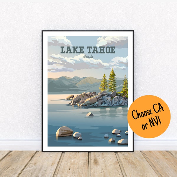 Lake Tahoe Print | California or Nevada | Sand Harbor Lake Tahoe Nevada State Park Poster | Lake Tahoe Pine Trees and Rocky Shoreline Art