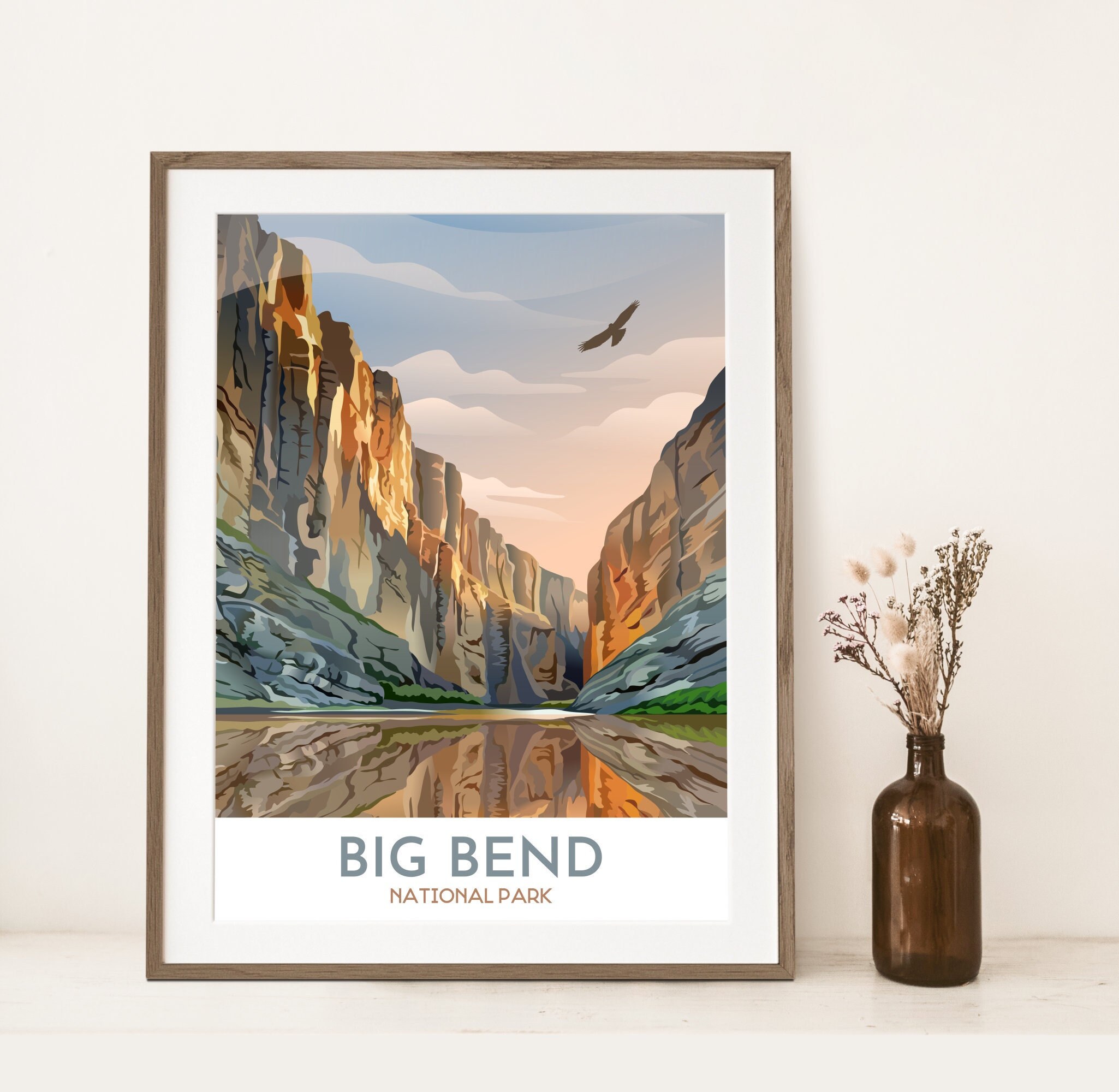 Big Bend Nationalpark Druck | Rio Grande Fluss und Klippen mit Falken | Nationalpark Kunst | West Texas Reise Druck | Moderner Grafikstil