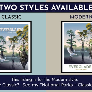 May include: Two styles of a poster design for Everglades National Park. The classic style features a vintage look with a white egret bird flying over a swamp scene. The modern style features a more contemporary design with a white egret bird flying over a swamp scene with a full moon in the background. The text "EVERGLADES NATIONAL PARK" is featured at the bottom of the modern style poster.
