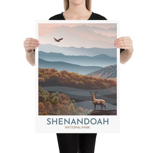 Impression du parc national de Shenandoah | Affiche des montagnes Blue Ridge | Coucher de soleil avec cerf et faucon | Affiche de voyage de Virginie | Art de la vallée de Shenandoah