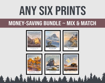 Set of Six National Park Posters | Choose Any 6 | Mix and Match National Park Prints | National Park Poster Bundle | Travel Gallery Posters