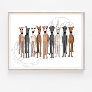 May include: A digital illustration of nine greyhounds standing in a row. The greyhounds are all different colors, including brown, black, grey, and white. The greyhounds are all looking forward, and they are all standing on a white background.
