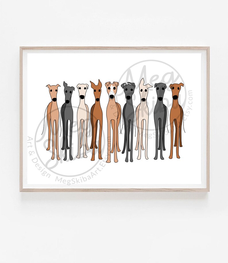 May include: A digital illustration of nine greyhounds standing in a row. The greyhounds are all different colors, including brown, black, grey, and white. The greyhounds are all looking forward, and they are all standing on a white background.