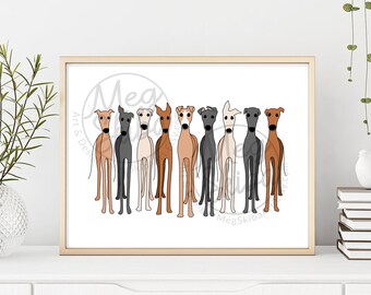Cute Greyhound Art, Gift for Greyhound Lover, Colorful Whippet Print, Sighthound Poster, Adorable Greyhound Gift, Minimalist Greyhound Art
